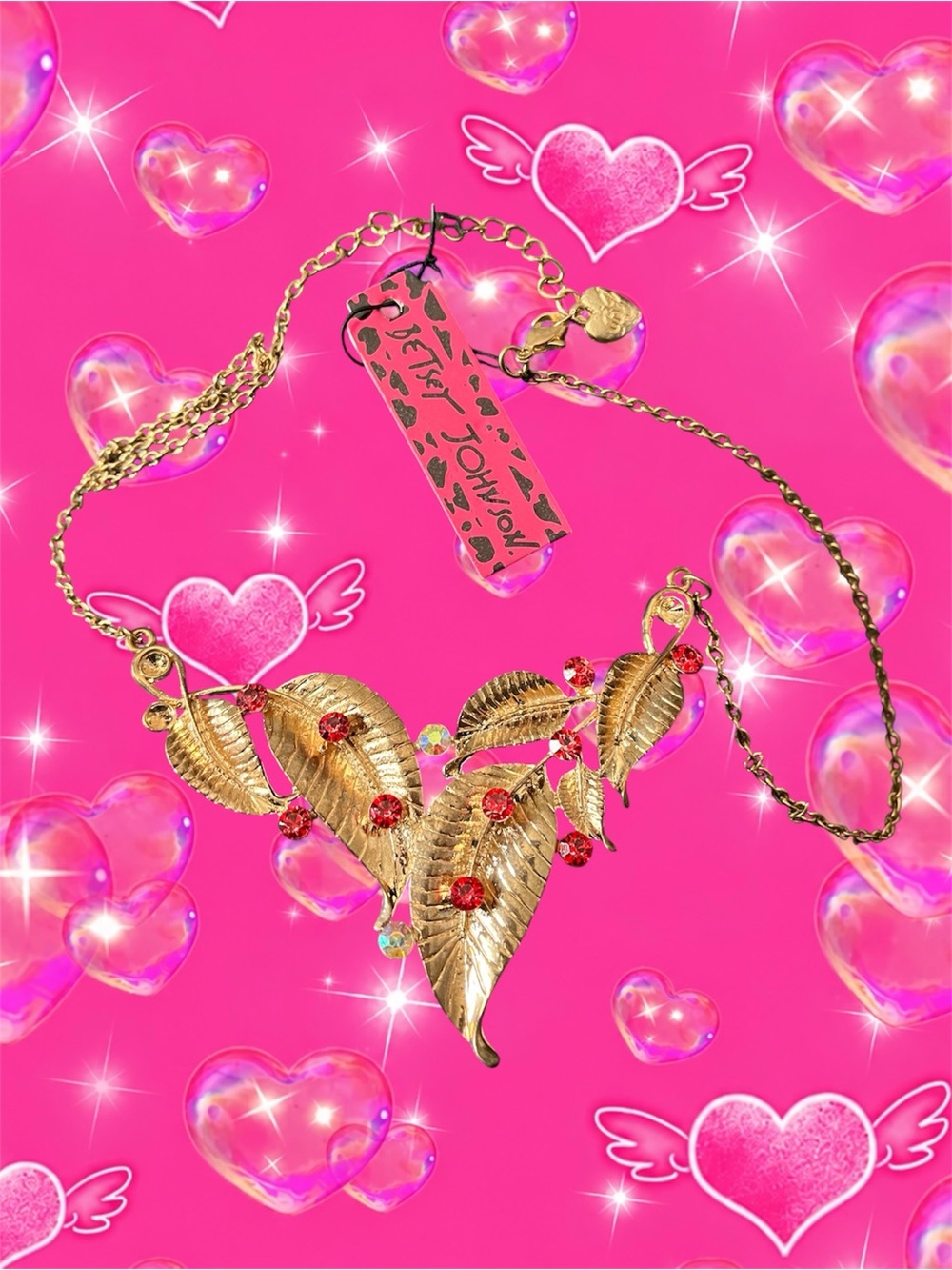 Betsey Johnson Gold Leaf Necklace with Red Crystal Accents